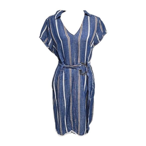 Anthropologie Dresses & Skirts - Pilcro by Anthropologie Linen Blend Belted Shift Dress Blue Stripe Women’s Sz 12